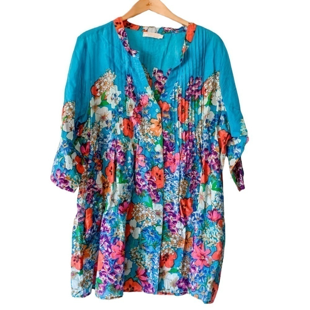 La Cera Floral Tunic Blouse Medium